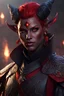 Placeholder: dnd character art of a tiefling warlock. high resolution cgi, 4k, short flush horns, tiny ears, bright red skin, , unreal engine 6, high detail, cinematic.