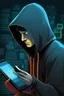 Placeholder: book cover about computer hacker, hoodie, cellphone