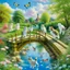 Placeholder: in the center: beautiful chunky cats dancing on a bridge over a blue small river , background: landscape, first plan: pink flowers, sky: white clouds with more cats sitting on them