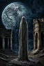 Placeholder: The solitary veiled figure draped in threads of decay standing at the midnight in moonlight next the Ruins, in backgrounde the luminous sinister moon, detailed, crepy stunning