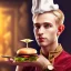 Placeholder:  portrait of blond handsome elf with head band and golden watch, behind him another chef in front blurred dark wooden wall, tasty commercial burger, shiny fork and knifes on dinner table with cloth, fantasy art book cover