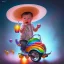 Placeholder: A one-year-old boy rides in the plastic funny toy-car on the middle of a busy street in new york. He has and a large-brimmed straw hat. somehow photographic bright colors and sunset, fantasy art, Anna Dittmann, digital painting, dan mumford, oil on canvas, jeff koons, akihito yoshida, wlop, kodachrome,