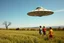Placeholder: bumper sticker design, westall ufo 1966, lots of school children looking up in a field, mysterious cool, bold