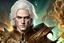 Placeholder: Photorealistic handsome man with shoulder length white hair and amber eyes in a Victorian suit surrounded by psychedelic mandalas, prisms, and patterns in a 3D digital art style