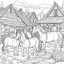 Placeholder: oloring book for kids, no colors, horses in village