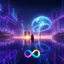 Placeholder: 3D infinity symbol ∞, infinity figure-of-eight symbol is totally-symmetrical and brightly coloured, man silhouette facing epic scene of building, glowing earth, water, network and lights, exotic, inspiring, fantasy, neon, friendly, beautiful, octane render, 8k post-production, artstation: award-winning: atmospheric: commanding: fantastical: clarity: 16k: ultra quality: striking: brilliance: liquid medium: stunning colors: amazing depth; lens: f/8, 28mm