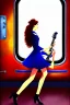 Placeholder: profile painting of a long haired woman with guitar riding an old train and looking out the window.