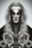 Placeholder: Symmetric portrait of a man with black metal facepaint, with long white hair