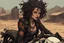 Placeholder: scarred cyberpunk vampire girl with tribal tattoos short curly cyberpunk hair riding a black cafe racer motorcycle in a post apocalyptic wasteland on fire