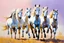 Placeholder: Oil on canvas portrait of seven majestic white horses galloping in a vast, open landscape. They go at full speed, their manes blowing in the breeze. The soft gradient background of pastel pinks and purples creates a serene and dreamy atmosphere. Clear summer weather. The overall effect is one of movement and freedom, capturing the boundless spirit of horses.