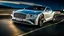 Placeholder: A sleek white shiny (((Bentley Jesko))), its contours and details perfectly captured in a (((cinematic view))), zipping along a winding road under a beautiful blue black night sky