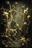 Placeholder: A daguerreotype-style close-up image of a surreal background inspired by Hieronymus Bosch and Max Ernst, featuring twisted organic forms, decaying botanical elements, and strange vegetal growths that seem to pulse with unnatural life. The entire scene is bathed in soft, ambient lighting that creates an otherworldly atmosphere, with areas of deep shadow contrasting against the pale, spectral glow of the figures.