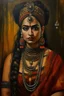 Placeholder: Artistic painting by paintbrush, Portrait of Hindu woman, in turban and hanging dreadlocks, heavy makeup, loads of jewellery, painted by in style of Frida Khalo