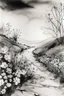 Placeholder: the primrose path; Ink Wash; black and white with pale pastels