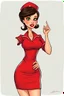 Placeholder: realistic cartoon in the style of Francois Walthery's Natacha series of adventurous, elegant brunette French stewardess lady, aged 50 posing in a tight, short, red uniform dress. She has green eyes, strong makeup, big bright red lips, long lashes and long red fingernails. She looks a bit like Jeanna Fine.