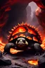 Placeholder: Fantasy art, magma tortoise god, entity of fire, resting within a volcanic cavern, spiky & rocky shell, black skin, intimidating presence