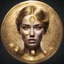 Placeholder: golden round money, magic magician's women face, front view