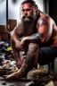 Placeholder: full figure shot frontal photography of a 40 year old dirty burly beefy gipsy carpenter wet sweat , tattoo, bullneck, long curly white beard , dreadlocks, manly chest, short white boxer, bulge, under the sun, sitting in the garbage outside an abandoned warehouse, misery and poverty, open legs, photorealistic, look at camera, very detailed , view from the ground , ambient occlusion