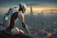 Placeholder: Humanoid robot looking out over an alien city skyline at dusk