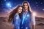 Placeholder: beautiful women with long hair, light eyes and blue brightness tunic, with a little sweety smile, with his boyfriend as a sweety strong cosmic warrior in peace. in a background of stars and bright beam in the sky