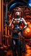 Placeholder: Full Body Photo Of A Steampunk Burlesque Woman With Straight Hair And A Fringe Hairstyle, Holding A Laser Gun, Sci-Fi Steampunk Background