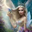 Placeholder: Fantasy cute fairy with wings, smiling, make up, long blond platinum hair, blue eyes, crown, beautiful dress, flowers in background, HQ