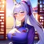 Placeholder: Clear focus, 8k, high quality, detailed, beautiful lighting, fox girl, vibrant colors, white long hair, vibrant purple eyes, chinese clothes, ponytail, nervous