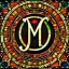 Placeholder: round coaster of letter M with stained glass window effect, highly detailed, intricate, warm colors, stained glass window, glossy from rain, warm lighting, dramatic lighting