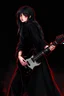 Placeholder: pretty goth girl(dressed in black flowing robes) rockin' on the guitar, leaning back, dark background, red outline, vignette, digital painting