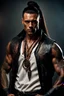 Placeholder: portrait of a 35 year old Handsome muscular male with dark bronze skin adorned with tattoos. His long dark hair is tied back in a pony tail. He's wearing a leather vest and has a dagger which hangs from his belt. Dark fantasy. Hyperrealistic