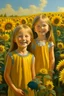 Placeholder: Neoclassicism 2 childen stanting in a field of sunfowers painting yellow realistic cote d'azur sunflowers smiling