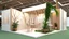 Placeholder: Corner exhibition stand in light colors with wood elements and greenery with two meeting areas