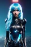 Placeholder: Smirking Cyborg anime assassin, light blue hair, blue eyes, waist up portrait, 8k resolution, intricate details, ornate details, soft lighting, vibrant colors, retroanime, masterpiece, intricate eyeliner, dark eyeshadow, eyes, intricate tattoos, futuristic cityscape background