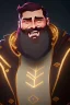 Placeholder: Bearded strong man wearing a thick fur-lined merchant's coat, wearing gold rings, divine, halo, happy smiling, portrait, high definition, realistic, long hair, dynamic lighting, volumetric lighting