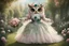 Placeholder: an anthropomorphic, owl bride happily throwing a bouquet in a beautiful garden. The owl has fluffy feather in shades of light brown and grey with distinct tabby markings on its face. Its large, expressive eyes are a deep emerald green and it has a small, pink nose. The owl is wearing embroidered white lace bride dress, tulle, gemstones, pearls, adorning the hem and bodice. Behind her, a celebrating crowd, owls and people dressed in elegant clothes, wedding food and cake on the tables. Behin