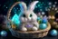 Placeholder: cute chibi plushy fluffy knitted and embroidered natural colored easter bunny in basket, feathers, easter eggs, iridescent flowers incorporated, light emitting, cracked bioluminescent holographic marble background, silver foil, sparkling diamonds, holographic raw pearls, ethereal, cinematic postprocessing