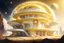 Placeholder: PALAZZO FUTURISTICO GIALLO E BIANCO DI 3 PIANI NELLO SPAZIO CON STELLE E PIANETI E RAGGI DI SOLE
