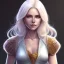 Placeholder: D&D character, female, cleric, platinum blonde hair, gold eyes, smile, teal armor