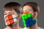 Placeholder: A single, tall Rubik cube face mask, Orange, white, blue, green