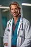 Placeholder: Mid-thirties, Caucasian male doctor, kind smile, blonde hair (slightly disheveled) blonde mustache, pale blue eyes, broad shoulders, muscular, six foot, Hawaiian shirt under white lab coat with bloodstains at the edges. Strong Jaw line, photo realistic