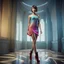 Placeholder: A full-body shot of a beautiful lady wearing beautifull tight pants and pretty color short dress with short boots ,short hair,idle pose in recursive 3d fractal hall