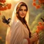 Placeholder: Hyper Realistic close-up-view of a Beautiful-Young-Happy-Pashto-Woman-with-beautiful-eyes-smiling-with-a-bird-on-his-hand with white-dress-&-orange-shawl & breeze-whirling in a jungle-with-tall-trees & cloudy-sunset-&-sun-rays showing dramatic & cinematic ambiance