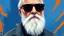 Placeholder: digital painting, A close-up portrait of an elderly Caucasian man with a long white beard, wearing large black sunglasses against a blue and orange abstract background, bold and slim lines, brush strokes