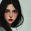 Placeholder: A digital illustration shoot from a portrait camera angle about a portrait of a young woman with striking features. In the middle of the image, a 20 years old woman, an orc, appears to be looking at the viewer lost in thought. she has long black hair, red eyes, and is her face is painted with red lipstick and has a small mark on her cheek. the background is a sof