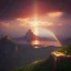 Placeholder: Christ the Redeemer, sunset, rainbow sunset, waterfall, palms, twigs, spring, sunset rainbow, bridge flying birds, unreal engine 5, cinematic lighting, realistic, hyper detailed, 8k, octane render, cinema 4d