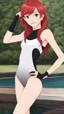 Placeholder: beautiful anorexic woman, standing, onepiece triathlon swimsuit, medium length wavy haircut, red hair, photo