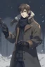 Placeholder: Man dressed in cold clothing, holding a Glock and pointing it forward, is alone in a cold place, in that place it is snowing, He wears a long black scarf and has short brown hair, anime style