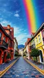 Placeholder: "Midnight Serenade unique" low view angle shot down rainbow sky , large close up a beautiful street with colorful houses on both sides , granite terrazzo motifs with puzzle modern , clothing is decorated with colorful filigree abstract, Collage chutes papiers magazines,Spirograph background by Nisa Kiley, Textile Artist،