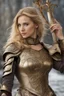 Placeholder: A beautiful woman with blond hair and green eyes. Knight, leather armor.