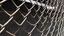 Placeholder: Steel mesh forming precise geometric barriers, chain-link fence creating rhythmic division of space, play of light and shadow through the metal pattern, details of rust and natural wear on galvanized surface, industrial abstract style